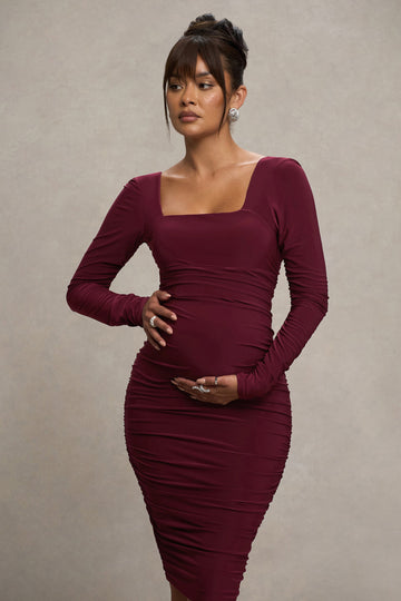 New Life Burgundy Maternity Square Neck Ruched Midi Dress